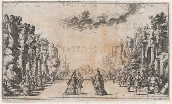 A man and two women conversing at center; young men standing to their right and young wome..., 1668. Creator: Mathäus Küsel.