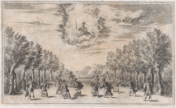 Marsh of Triton; figures battling as Minerva looks on from above; set design from 'Il Pomo..., 1668. Creator: Mathäus Küsel.