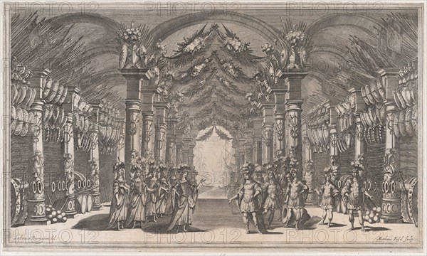 Arsenal of Mars; a group of soldiers standing across from a group of women in an arsenal; ..., 1668. Creator: Mathäus Küsel.
