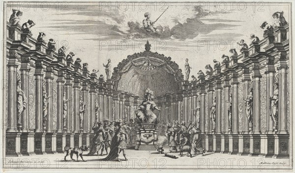 Figures worshipping the statue of an armed figure; set design from 'Il Pomo D'Oro', 1668. Creator: Mathäus Küsel.