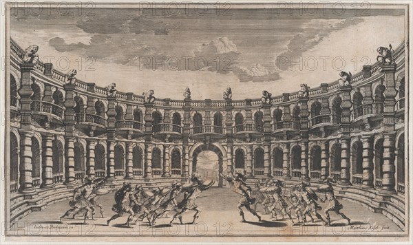 Amphitheater with two groups of soldiers running toward each other; set design from 'Il Po..., 1668. Creator: Mathäus Küsel.