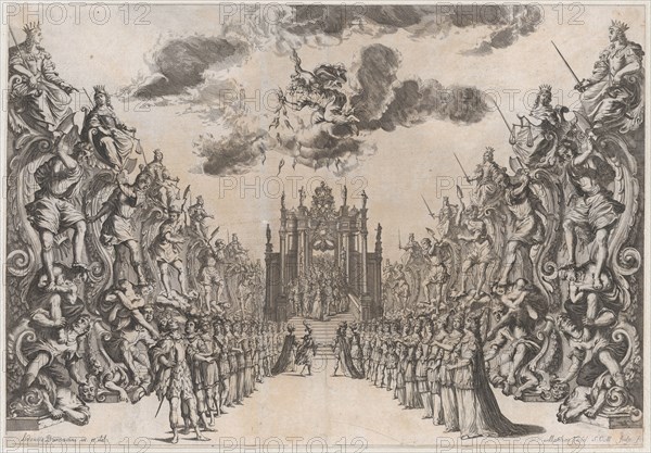 Magnificent Hall of Astrea; men and women gathered in the street to view a procession thro..., 1678. Creator: Mathäus Küsel.