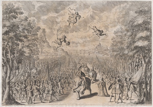 An army marching through a field; soldiers on foot at left and right, while others ride el..., 1678. Creator: Mathäus Küsel.