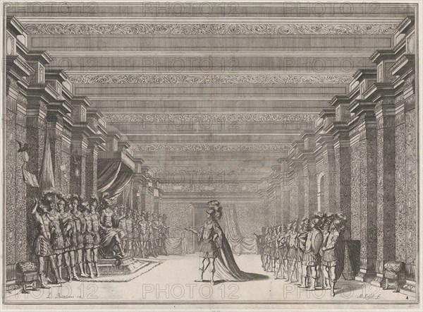 Throne room with a man in classical armor standing at center addressing a man seated on a ..., 1674. Creator: Mathäus Küsel.
