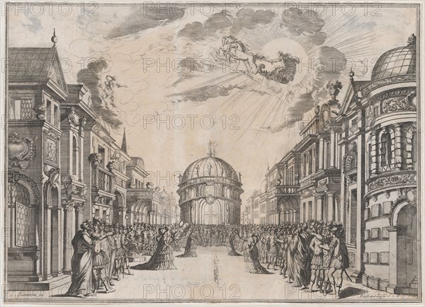 A large gathering of people in the street as a goddess races across the sky in a chariot l..., 1674. Creator: Mathäus Küsel.