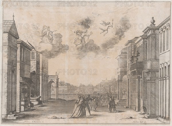 Figures gathered at a seaport as a ship arrives; set design from 'Il Fuoco Eterno', 1674. Creator: Mathäus Küsel.