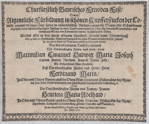 Text to accompany plate illustrating the fireworks display celebrating the birth of Prince..., 1662. Creator: Mathäus Küsel.