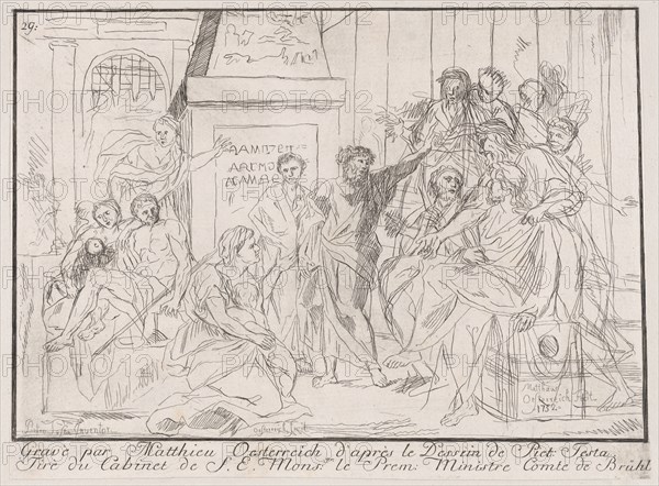 Classical scene of figures gathered around an orator at right (possibly related to healing..., 1752. Creator: Matthias Oesterreich.