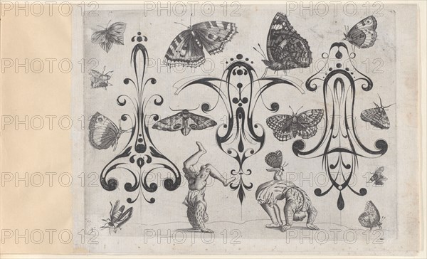 Blackwork Designs with Acrobats, Butterflies and Other Insects, Plate 3 from a Serie..., after 1622. Creator: Meinert Gelijs.