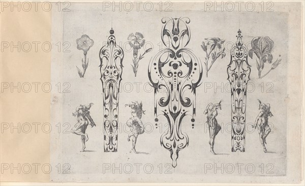 Blackwork Designs with Flowers and Commedia dell'Arte Figures, Plate 4 from a Series..., after 1622. Creator: Meinert Gelijs.