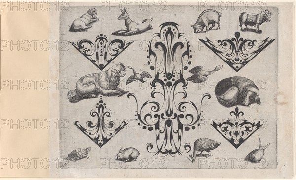 Blackwork Designs with Various Mammals and Birds, Plate 5 from a Series of Blackwork..., after 1622. Creator: Meinert Gelijs.
