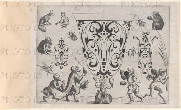 Blackwork Designs with Birds and Insects, Plate 7 from a Series of Blackwork Ornamen..., after 1622. Creator: Meinert Gelijs.