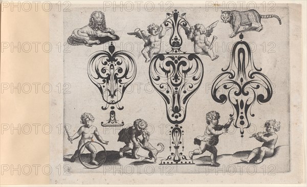 Blackwork Designs with Putti and Felines, Plate 8 from a Series of Blackwork Ornamen..., after 1622. Creator: Meinert Gelijs.