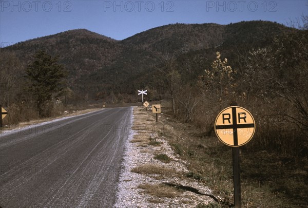 Railroad crossing along the Skyline Drive, Virginia, ca. 1940. Creator: Jack Delano.