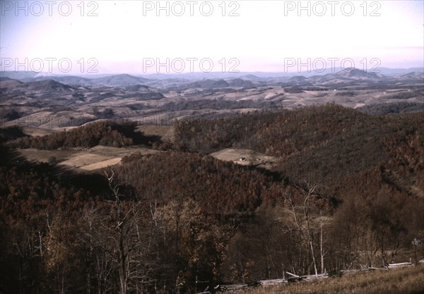 View of fields and wooded foothills from the Skyline Drive, Virginia, ca. 1940. Creator: Jack Delano.