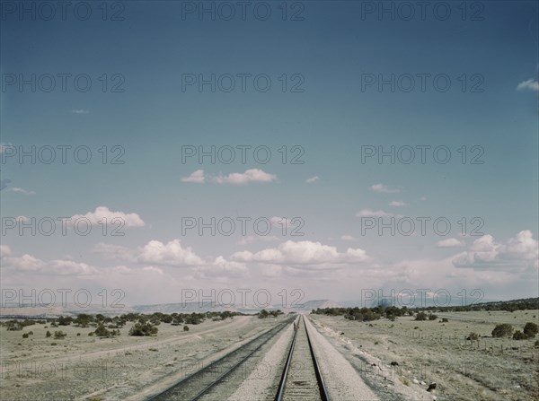 Flagman standing behind his train to flag oncoming trains at a small siding..., New Mexico, 1943. Creator: Jack Delano.