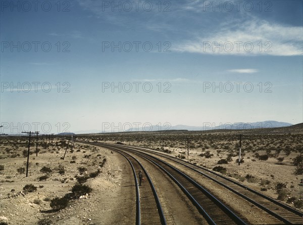 Flagman standing at a distance behind a Santa Fe R.R. west bound freight..., Bagdad, Calif., 1943. Creator: Jack Delano.