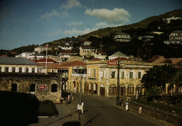 View down the main street from the Grand Hotel, Charlotte Amalie, St. Thomas Island, V.I., 1941. Creator: Jack Delano.