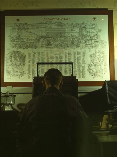 Locomotive lubrication chart in the laboratory of the C & NW R's, Chicago, Ill, 1942. Creator: Jack Delano.