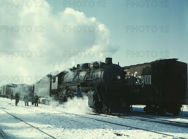 Santa Fe R.R. freight train about to leave for the West Coast from Corwith yard, Chicago, Ill., 1943 Creator: Jack Delano.