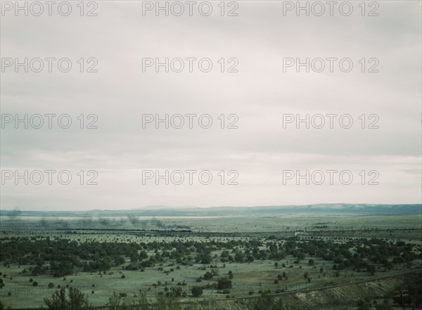 Santa Fe R.R. freight train rounding a curve between Ash Fork and Gleed, Arizona, 1943. Creator: Jack Delano.