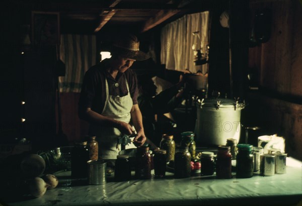 Wife of Jim Norris with canned goods, Pie Town, New Mexico, 1940. Creator: Russell Lee.