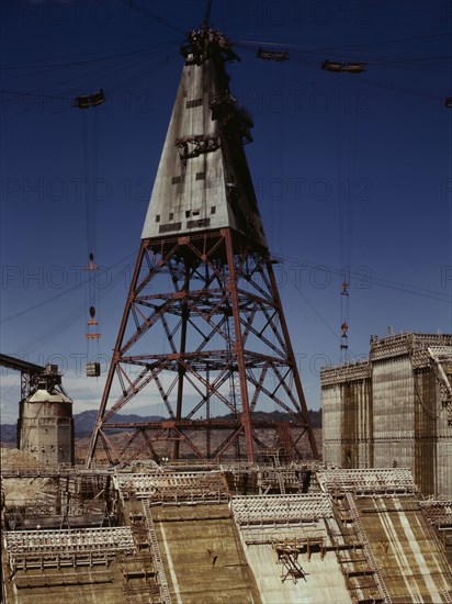 Central tower from which cable buckets carry materials used in...of Shasta dam, CA, 1942. Creator: Russell Lee.