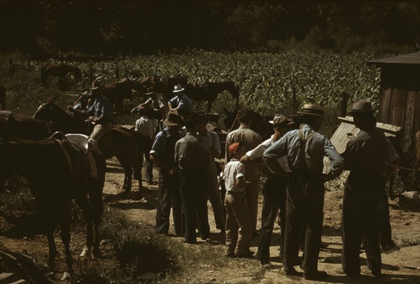 Mountaineers and farmers trading mules and horses on "Jockey St.,", Campton, Wolfe County, Ky., 1940 Creator: Marion Post Wolcott.