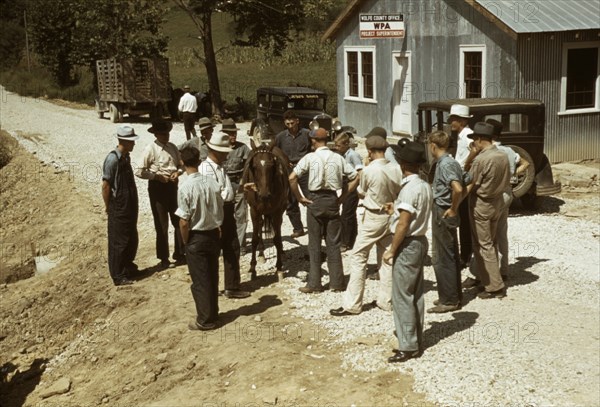 Mountaineers and farmers trading mules and horses on "Jockey St.,", Campton, Wolfe County, Ky., 1940 Creator: Marion Post Wolcott.