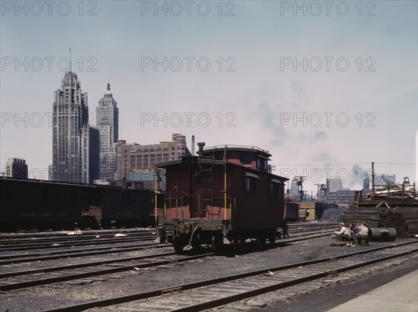 General view of part of the south Water street freight...Illinois Central Railroad, Chicago, 1943. Creator: Jack Delano.