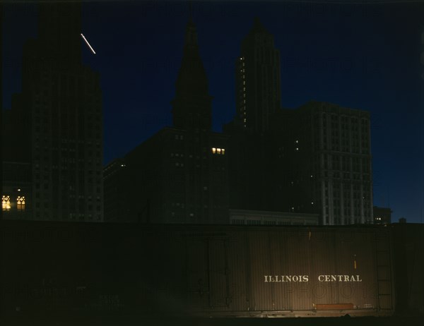 Freight cars at the South Water Street Illinois Central Railroad terminal, Chicago, Illinois, 1943. Creator: Jack Delano.