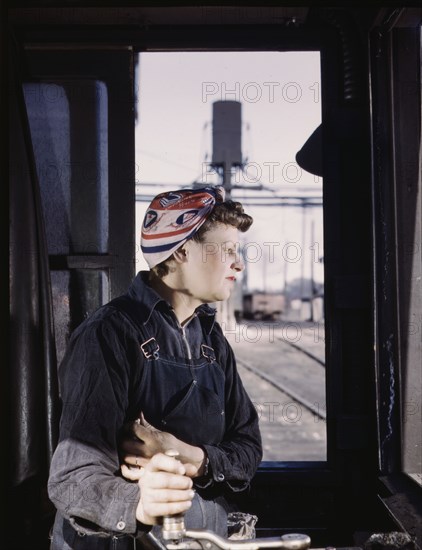 C. & N.W. R.R. Cloe Weaver, mother of four children, employed...the roundhouse, Clinton, Iowa, 1943. Creator: Jack Delano.