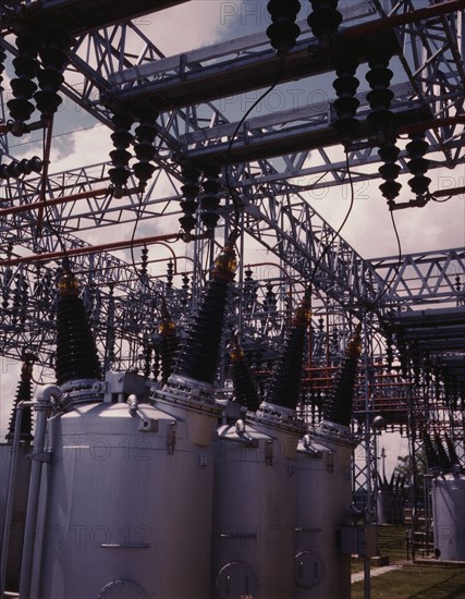 Switchyard at TVA's Wilson Dam hydroelectric plant, vicinity of Sheffield, Ala., 1942. Creator: Alfred T Palmer.