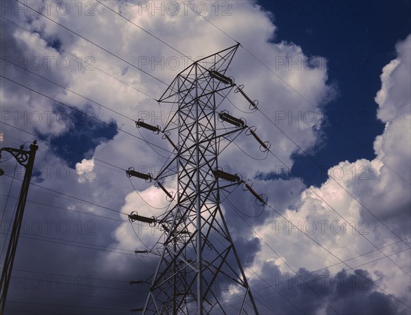 Transmission towers in the switchyard of TVA's Chickamauga Dam, near Chattanooga, Tenn., 1942. Creator: Alfred T Palmer.