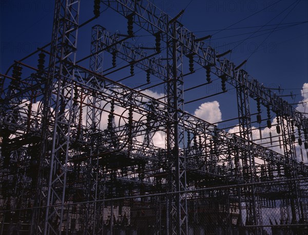 Section of one of the switchyards from which high....Wilson Dam..., Sheffield vicinity, Ala., 1942. Creator: Alfred T Palmer.