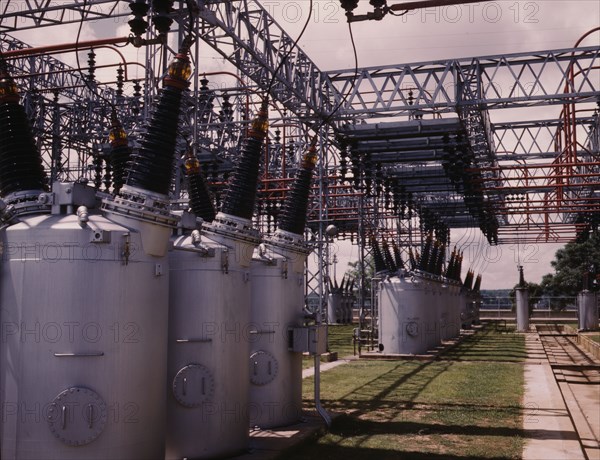 Switchyard at TVA's Wilson Dam hydroelectric plant, vicinity of Sheffield, Ala, 1942. Creator: Alfred T Palmer.