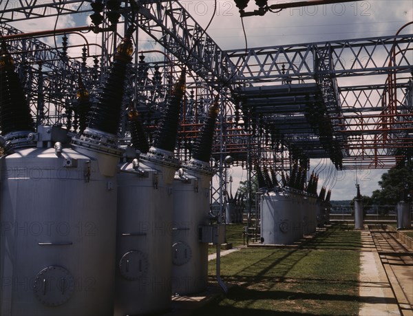 Switch yard at TVA's Wilson Dam hydroelectric plant, vicinity of Sheffield, Ala., 1942. Creator: Alfred T Palmer.