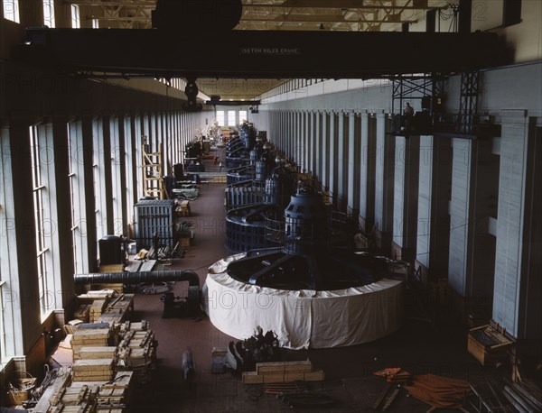 Eight generator units in the generator room of a new...Wilson Dam, Sheffield vicinity, Ala., 1942. Creator: Alfred T Palmer.