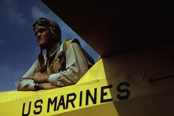 Marine glider pilot in training at Page Field, watching take-offs, Parris Island, S.C., 1942. Creator: Alfred T Palmer.