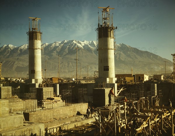 Partly finished open hearth furnaces and stacks for a..., Columbia Steel Co., Geneva, Utah, 1942. Creator: Andreas Feininger.