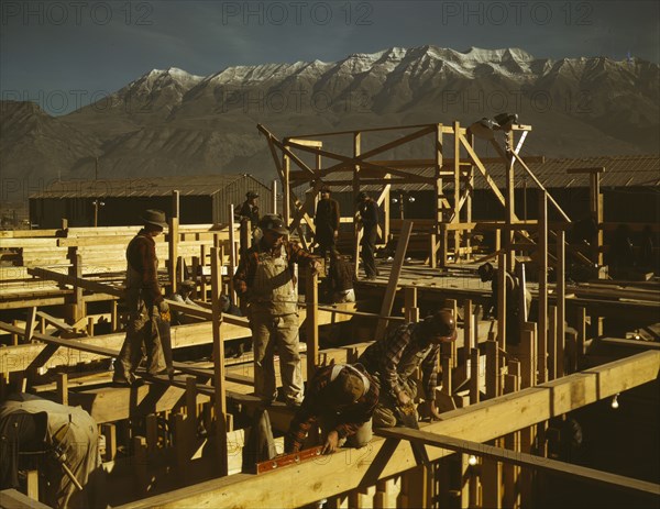 Constructing a building on the site of a new steel mill..., Columbia Steel Co., Geneva, Utah, 1942. Creator: Andreas Feininger.