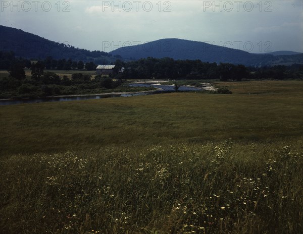 Farmland along the upper Delaware River in New York state., 1943. Creator: John Collier.