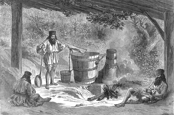 'Wallachians Distilling 'Slievovitz'; A Visit to the Danubian Principalities', 1875. Creator: Nelson Boyd.