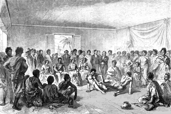 'Wrestling Match before the Court of Tananarivo; Recent Explorations in Madagascar', 1875. Creator: Alfred Grandidier.