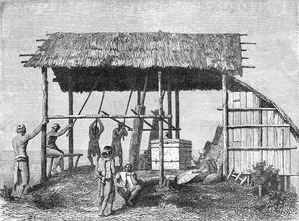 'Dyaks Building a House; A Visit to Borneo', 1875. Creator: A.M. Cameron.