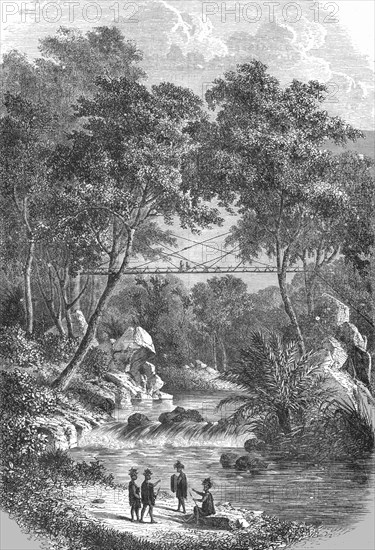 Bamboo Bridge of the Western Dyaks; A Visit to Borneo', 1875. Creator: A.M. Cameron.