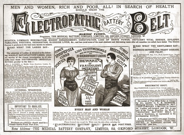 'Electropathic Battery Belt', 1886.  Creator: Unknown.