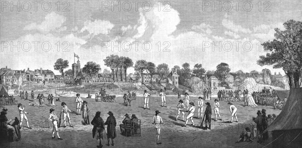 ''Cricket at Moulsey Hurst; 1780', 1890. Creator: Unknown.