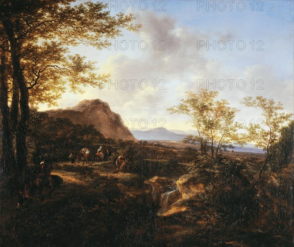 Landscape with travellers, c1650.