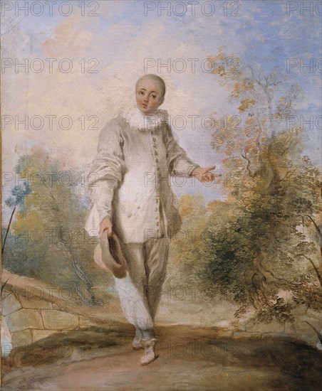 Pierrot standing, in a landscape.